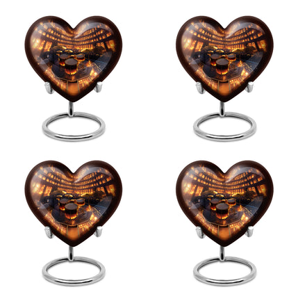 Sunrise Gold Drums Cremation Urn angled view of lid and engraved motif - loving heart memorial featuring drums pattern - 10 inch aluminum urn for cremated remains