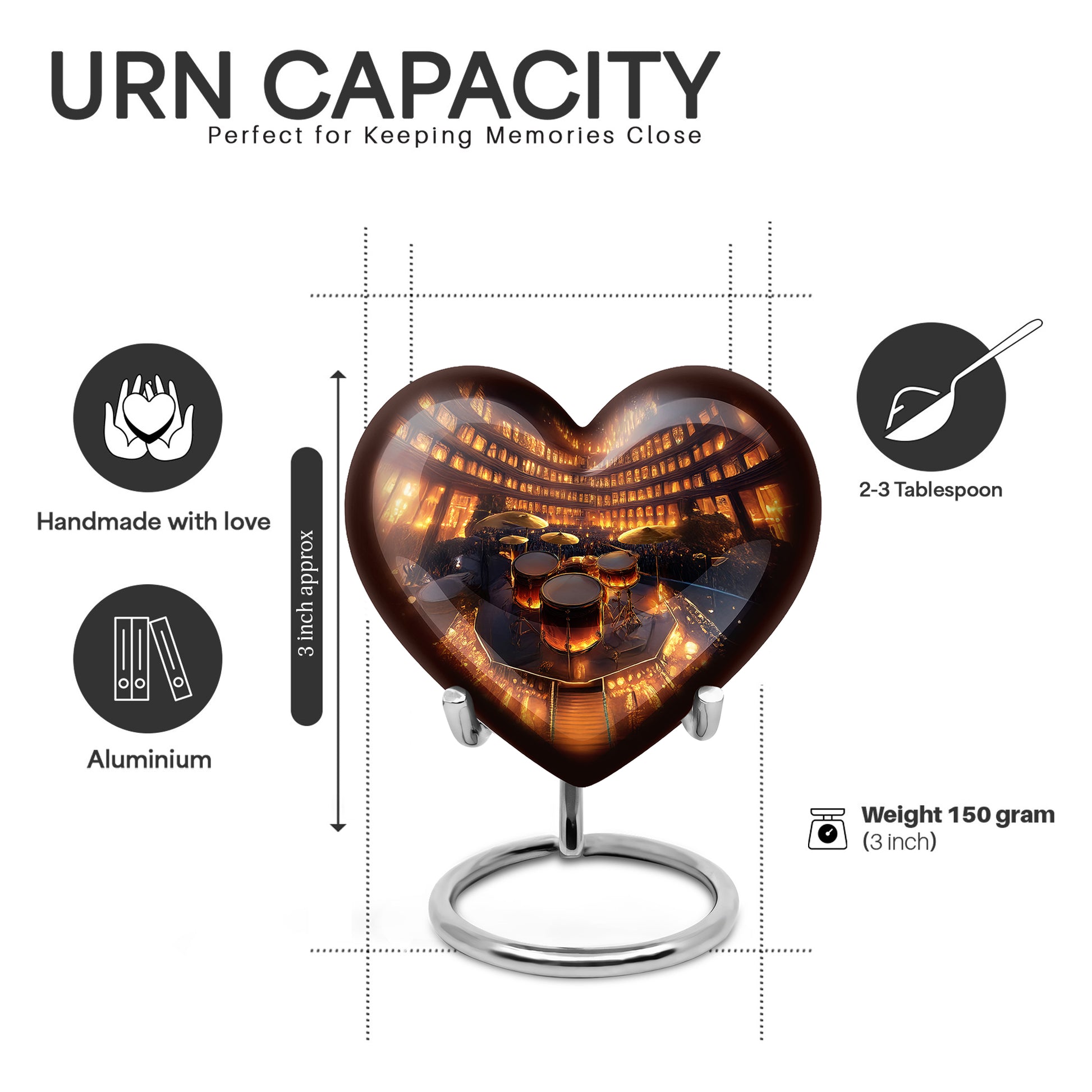 Antique Gold Drums Cremation Urn front view showing detailed design - loving heart memorial featuring drums pattern - mini keepsake memorial for portion of cremation ashes