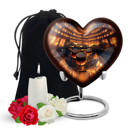 Royal Gold Drums Cremation Urn detail view - romantic heart urn with drums motif on aluminum - full-size 10 inch 200 cubic inch adult cremation urn