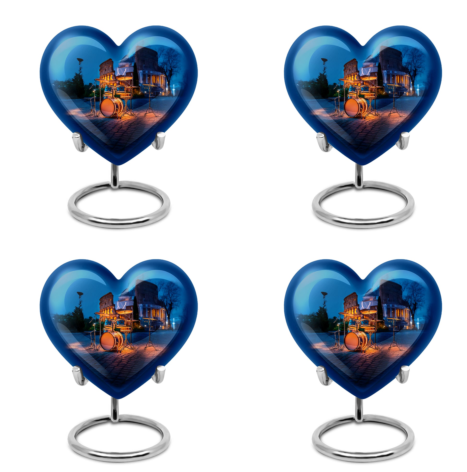 Vivid Blue Drums Cremation Urn angled view of lid and engraved motif - compassionate heart-drums combination with gentle curves - 10 inch aluminum urn for cremated remains