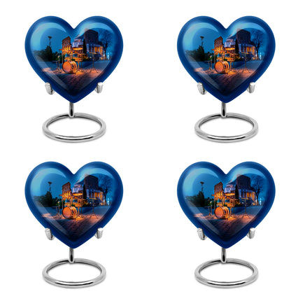 Vivid Blue Drums Cremation Urn angled view of lid and engraved motif - compassionate heart-drums combination with gentle curves - 10 inch aluminum urn for cremated remains