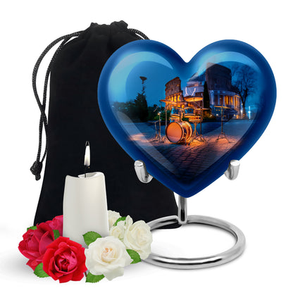 Twilight Blue Drums Cremation Urn detail view - compassionate heart-drums combination with gentle curves - full-size 10 inch 200 cubic inch adult cremation urn
