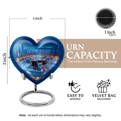 Powder Blue Drums Cremation Urn front view showing detailed design - heart-shaped drums design symbolizing eternal love - mini keepsake memorial for portion of cremation ashes
