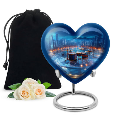 Indigo Drums Cremation Urn detail view - heart-shaped drums design symbolizing eternal love - full-size 10 inch 200 cubic inch adult cremation urn