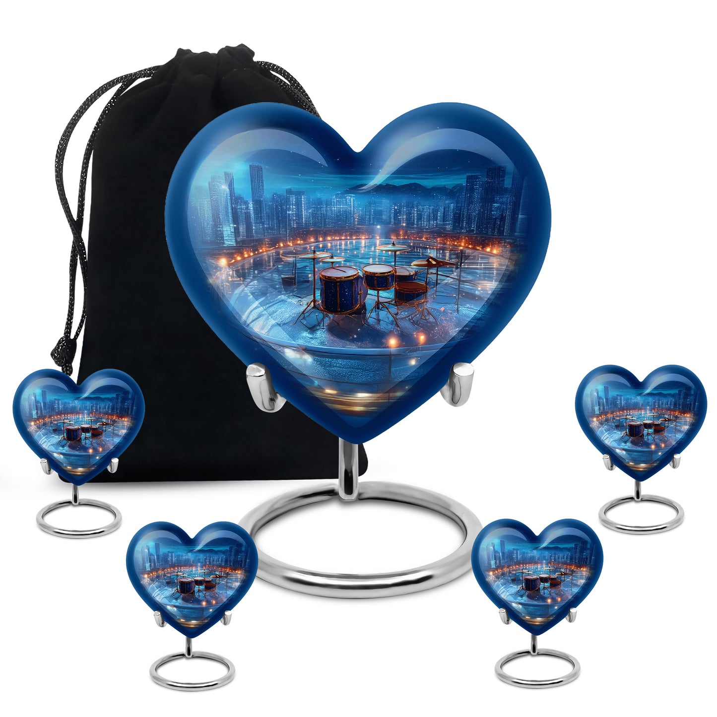 Bright Blue Drums Cremation Urn close-up of engraving and surface detail - romantic heart urn with drums motif on aluminum - memorial set with one large and four small urns