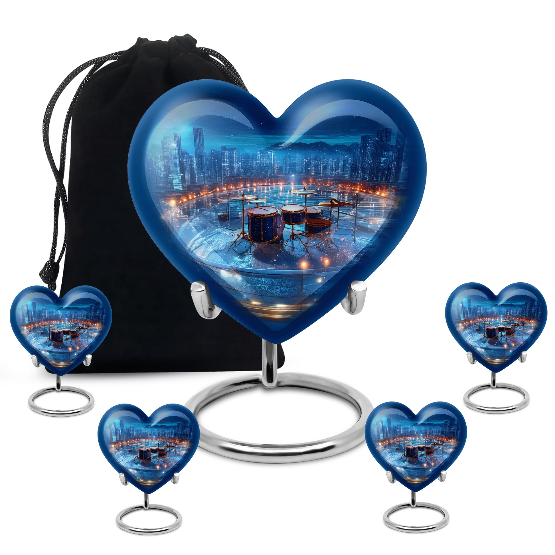 Bright Blue Drums Cremation Urn close-up of engraving and surface detail - romantic heart urn with drums motif on aluminum - memorial set with one large and four small urns