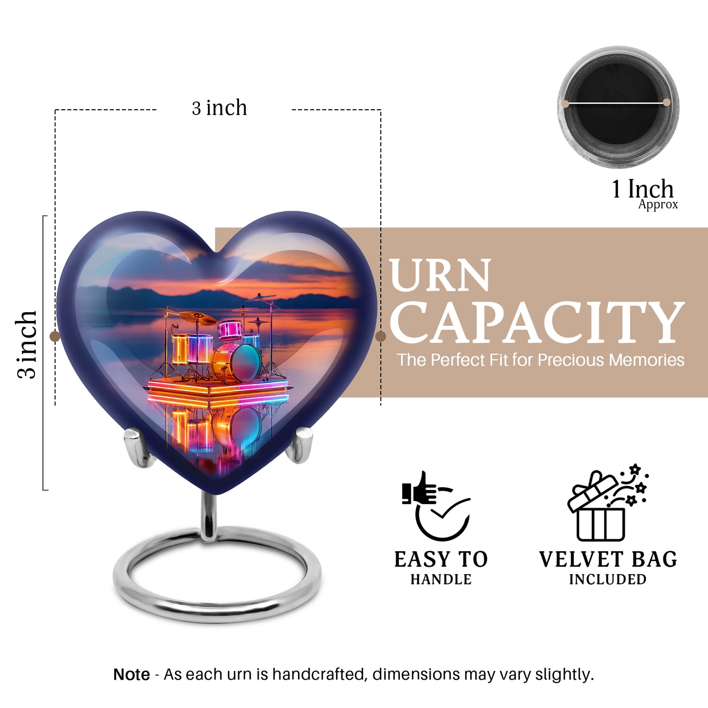Vintage Pink Drums Cremation Urn front view showing detailed design - romantic heart urn with drums motif on aluminum - mini keepsake memorial for portion of cremation ashes