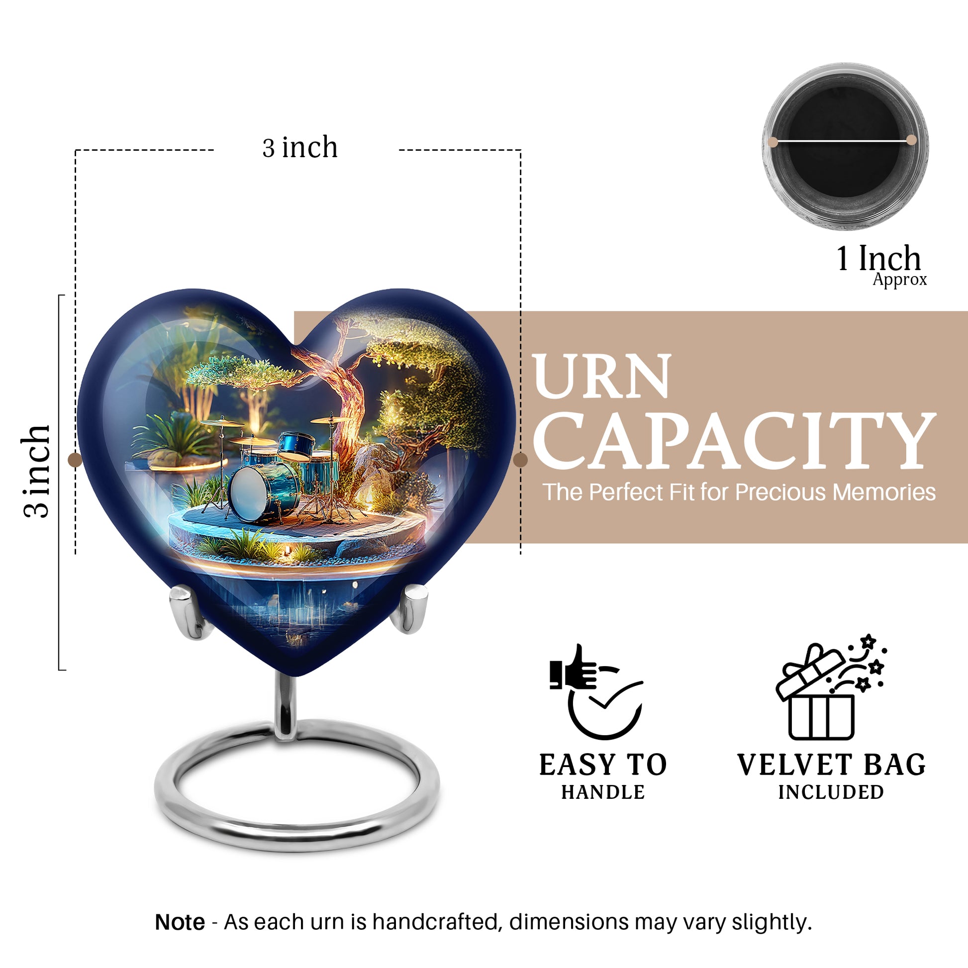 Antique Gold Drums Cremation Urn front view showing detailed design - heart-shaped drums design symbolizing eternal love - mini keepsake memorial for portion of cremation ashes