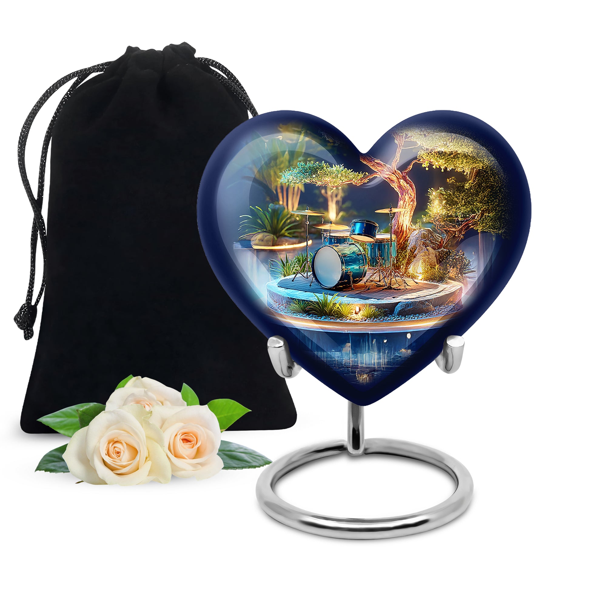 Matte Gold Drums Cremation Urn detail view - compassionate heart-drums combination with gentle curves - full-size 10 inch 200 cubic inch adult cremation urn