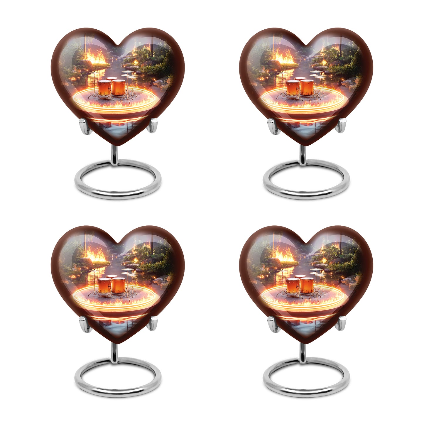 Dove Gray Drums Cremation Urn angled view of lid and engraved motif - heart-shaped drums design symbolizing eternal love - 10 inch aluminum urn for cremated remains