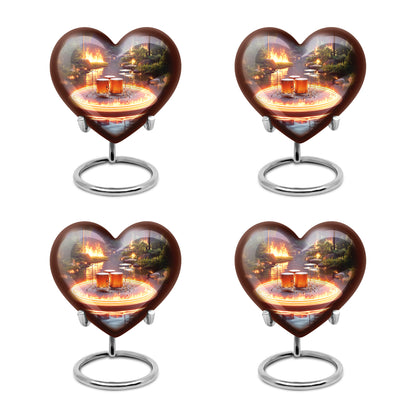 Dove Gray Drums Cremation Urn angled view of lid and engraved motif - heart-shaped drums design symbolizing eternal love - 10 inch aluminum urn for cremated remains