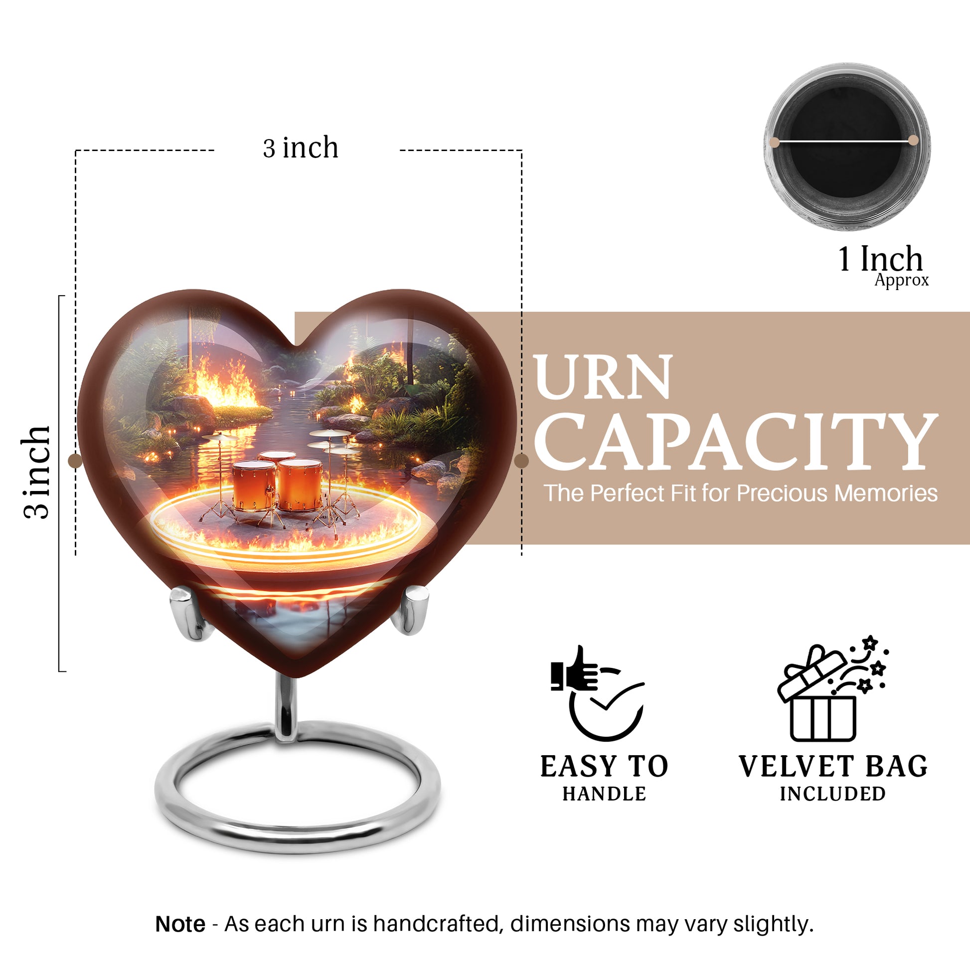 Slate Gray Drums Cremation Urn front view showing detailed design - romantic heart urn with drums motif on aluminum - mini keepsake memorial for portion of cremation ashes