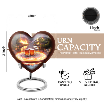 Slate Gray Drums Cremation Urn front view showing detailed design - romantic heart urn with drums motif on aluminum - mini keepsake memorial for portion of cremation ashes