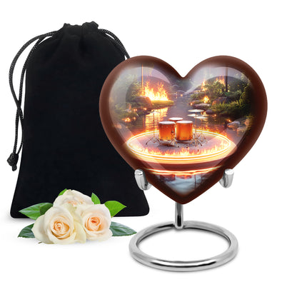 Slate Gray Drums Cremation Urn detail view - romantic heart urn with drums motif on aluminum - full-size 10 inch 200 cubic inch adult cremation urn
