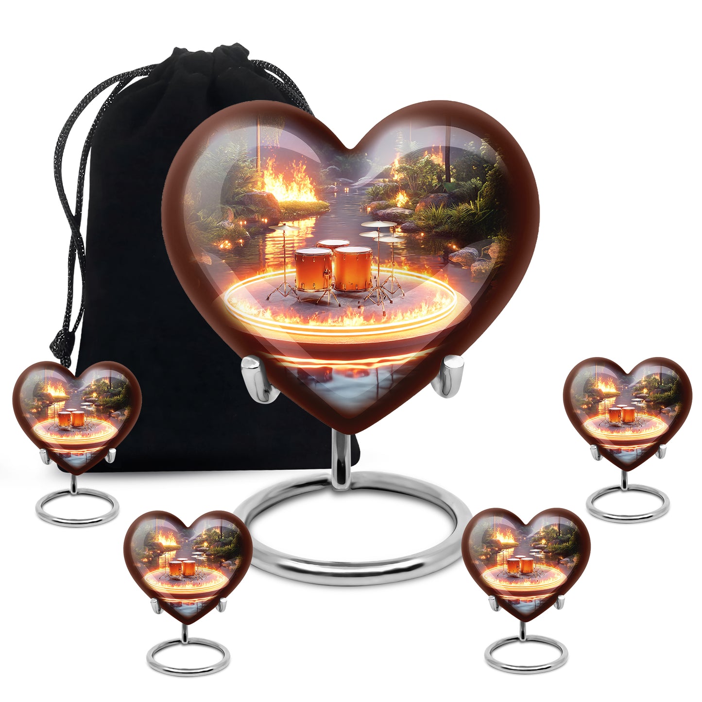 Silver Gray Drums Cremation Urn close-up of engraving and surface detail - loving heart memorial featuring drums pattern - memorial set with one large and four small urns