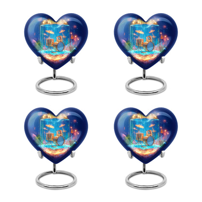 Navy Blue Drums Cremation Urn angled view of lid and engraved motif - loving heart memorial featuring drums pattern - 10 inch aluminum urn for cremated remains