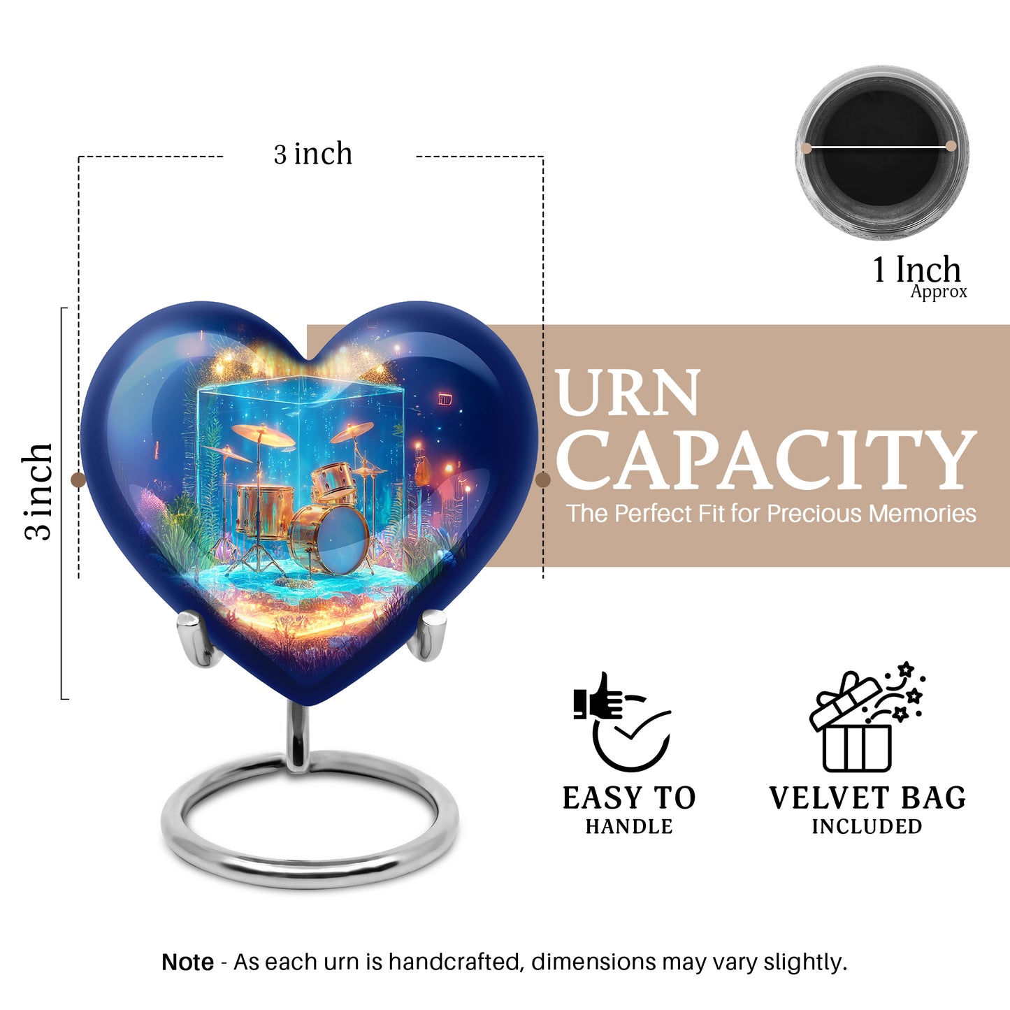 Vivid Blue Drums Cremation Urn front view showing detailed design - romantic heart urn with drums motif on aluminum - mini keepsake memorial for portion of cremation ashes