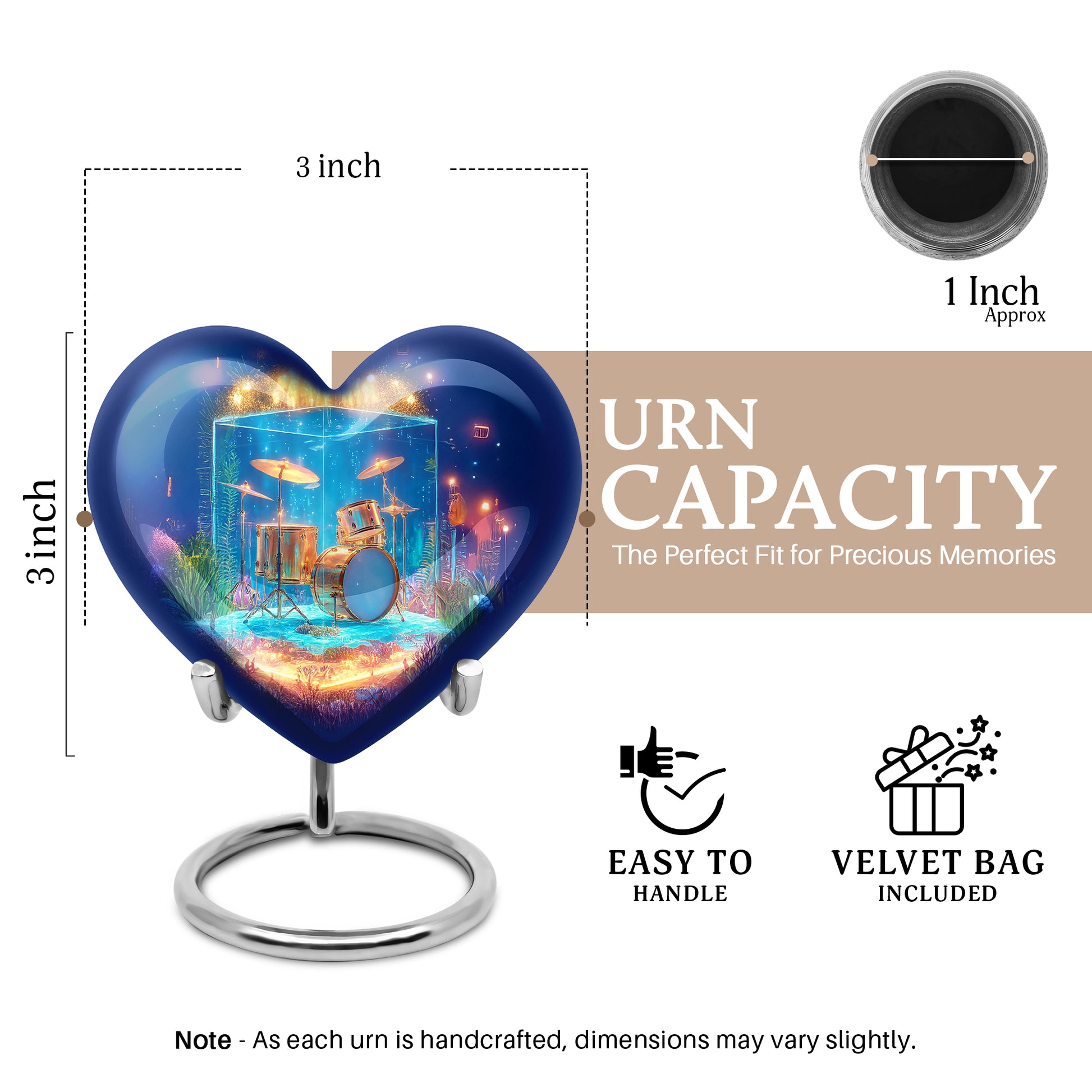 Vivid Blue Drums Cremation Urn front view showing detailed design - romantic heart urn with drums motif on aluminum - mini keepsake memorial for portion of cremation ashes