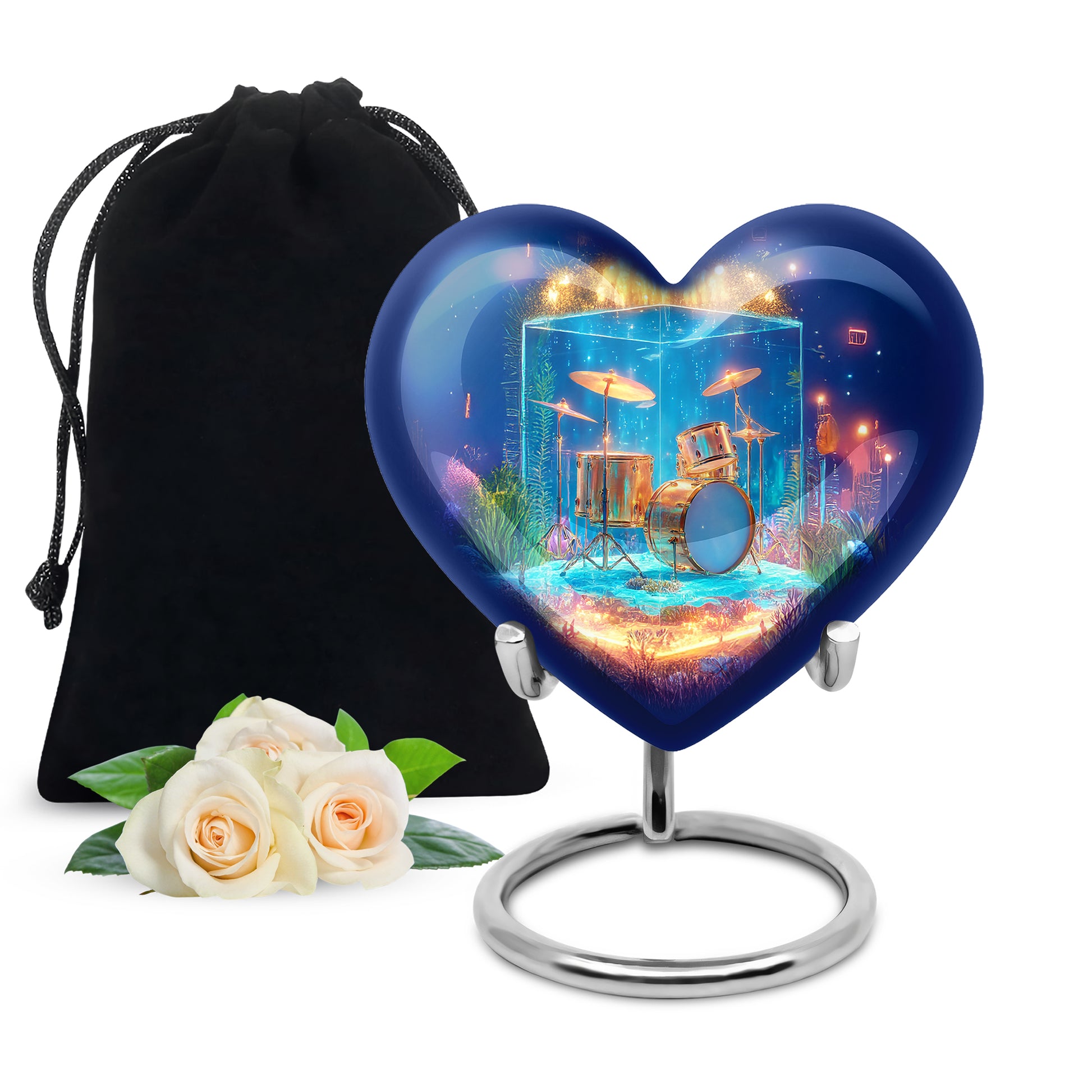 Vivid Blue Drums Cremation Urn detail view - compassionate heart-drums combination with gentle curves - full-size 10 inch 200 cubic inch adult cremation urn