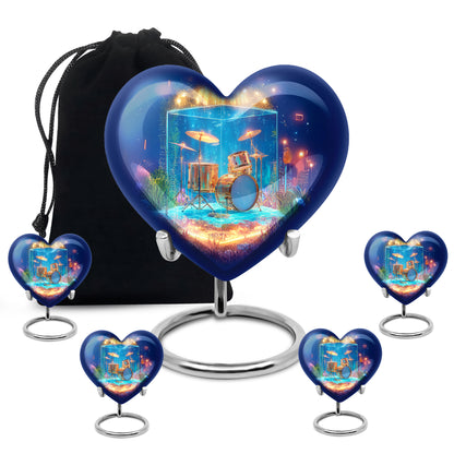 Icy Blue Drums Cremation Urn close-up of engraving and surface detail - heart-shaped drums design symbolizing eternal love - memorial set with one large and four small urns