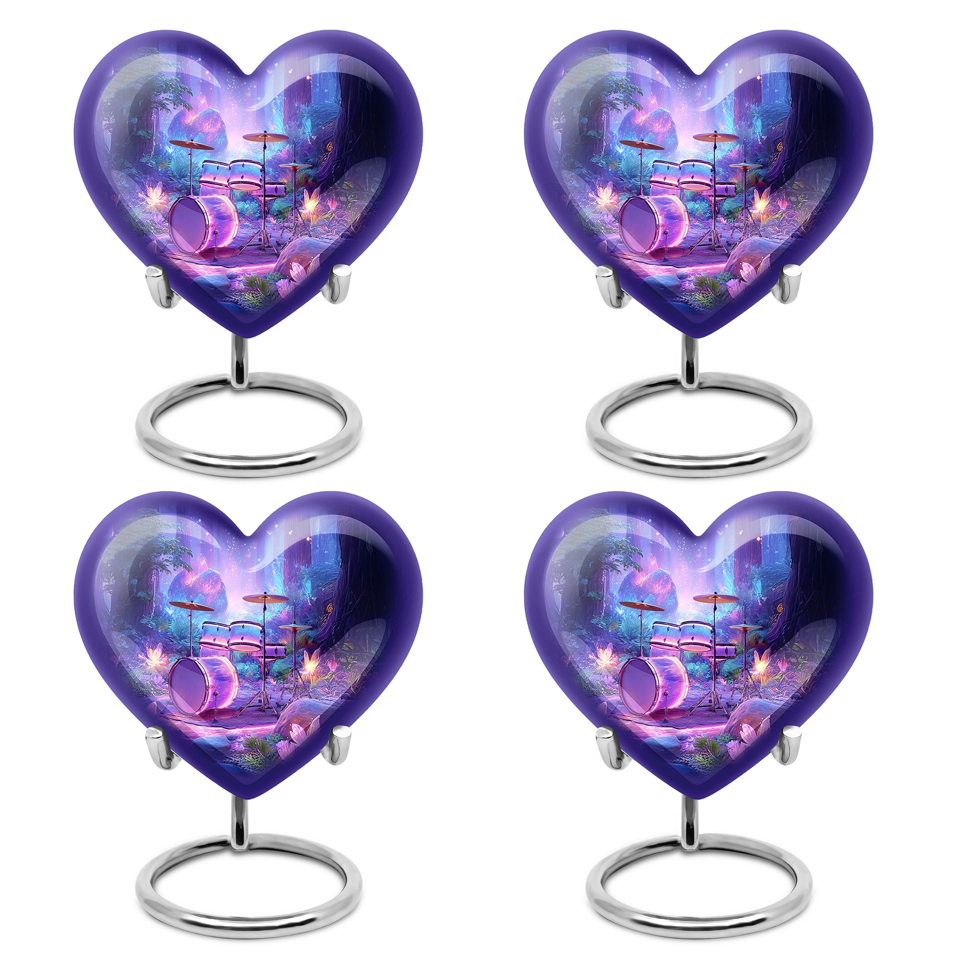 Azure Drums Cremation Urn angled view of lid and engraved motif - heart-shaped drums design symbolizing eternal love - 10 inch aluminum urn for cremated remains