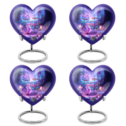 Azure Drums Cremation Urn angled view of lid and engraved motif - heart-shaped drums design symbolizing eternal love - 10 inch aluminum urn for cremated remains