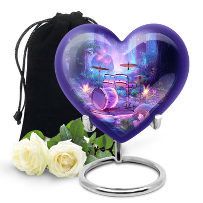 Cobalt Blue Drums Cremation Urn detail view - romantic heart urn with drums motif on aluminum - full-size 10 inch 200 cubic inch adult cremation urn