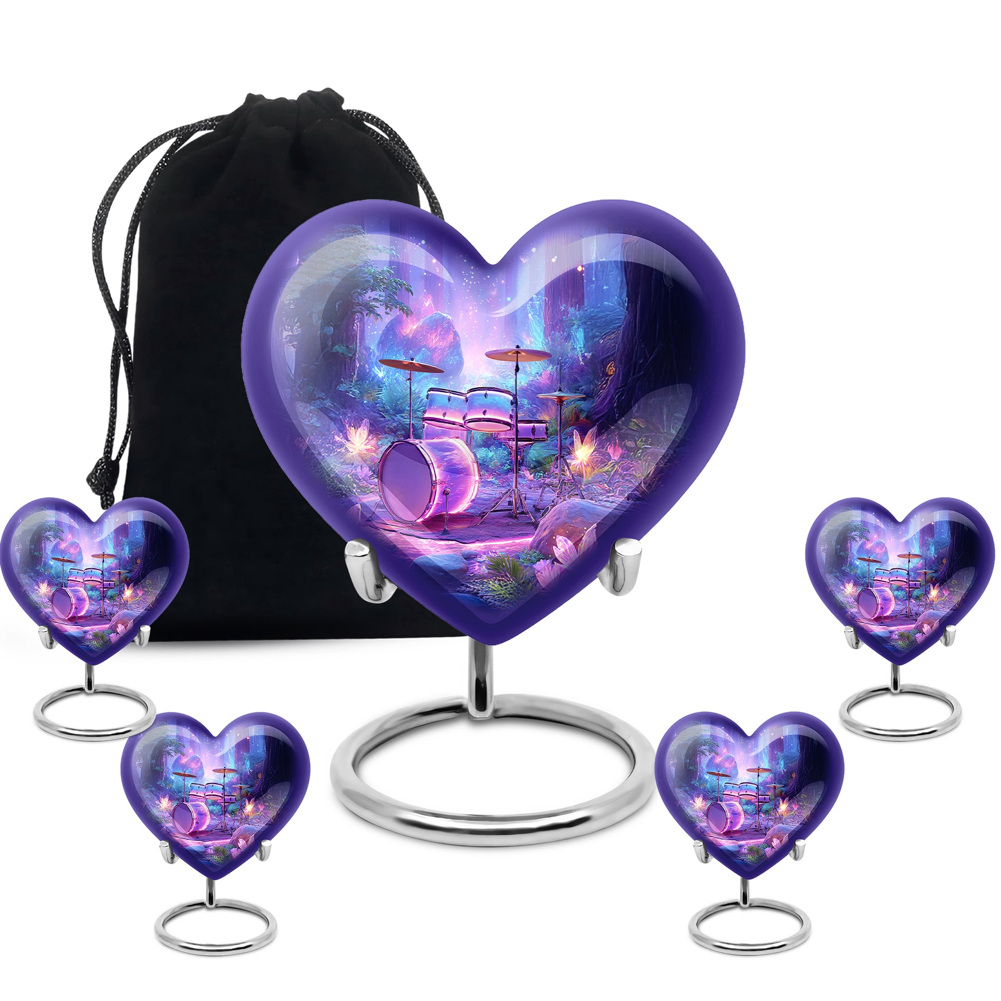 Royal Blue Drums Cremation Urn close-up of engraving and surface detail - romantic heart urn with drums motif on aluminum - memorial set with one large and four small urns