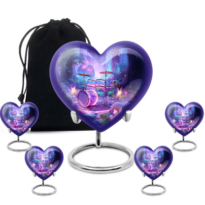 Royal Blue Drums Cremation Urn close-up of engraving and surface detail - romantic heart urn with drums motif on aluminum - memorial set with one large and four small urns