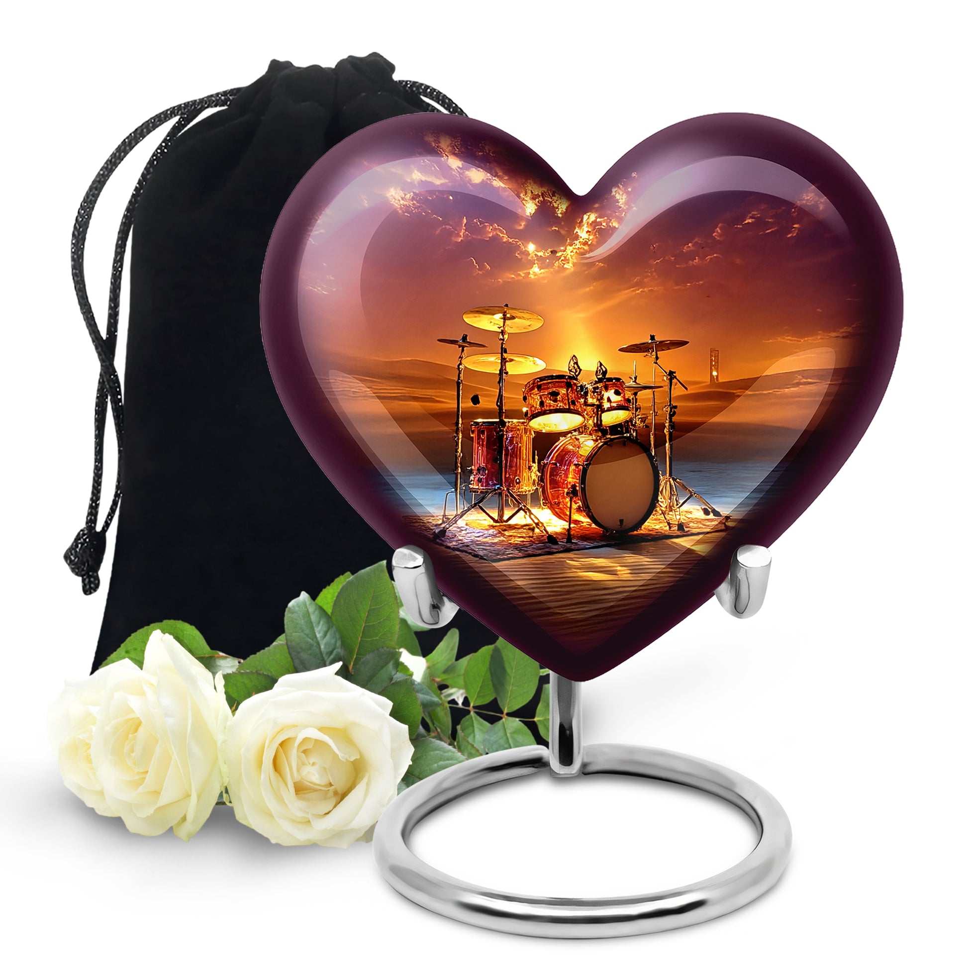 Coral Pink Drums Cremation Urn detail view - heart-shaped drums design symbolizing eternal love - full-size 10 inch 200 cubic inch adult cremation urn
