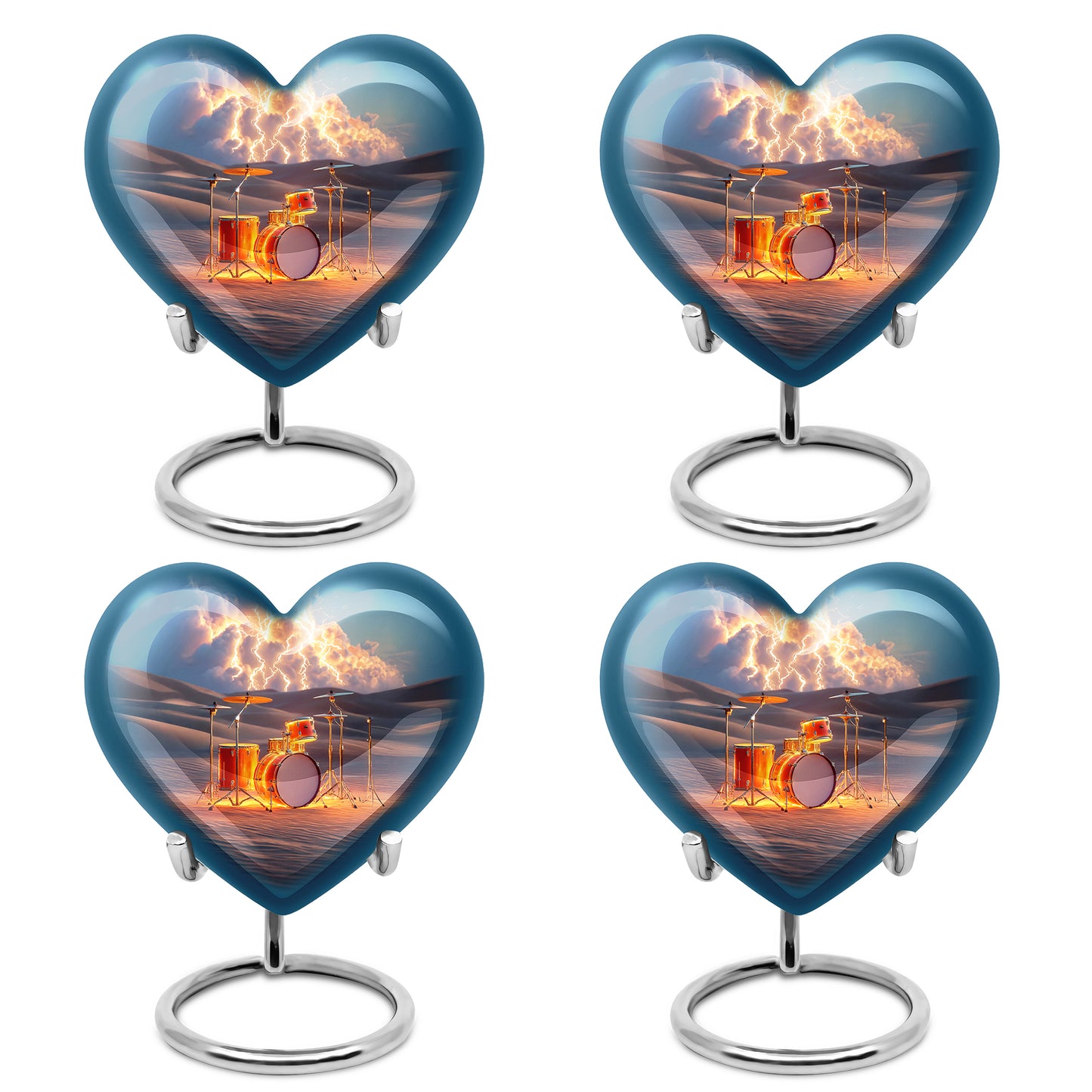 Dove Gray Drums Cremation Urn angled view of lid and engraved motif - heart-shaped drums design symbolizing eternal love - 10 inch aluminum urn for cremated remains