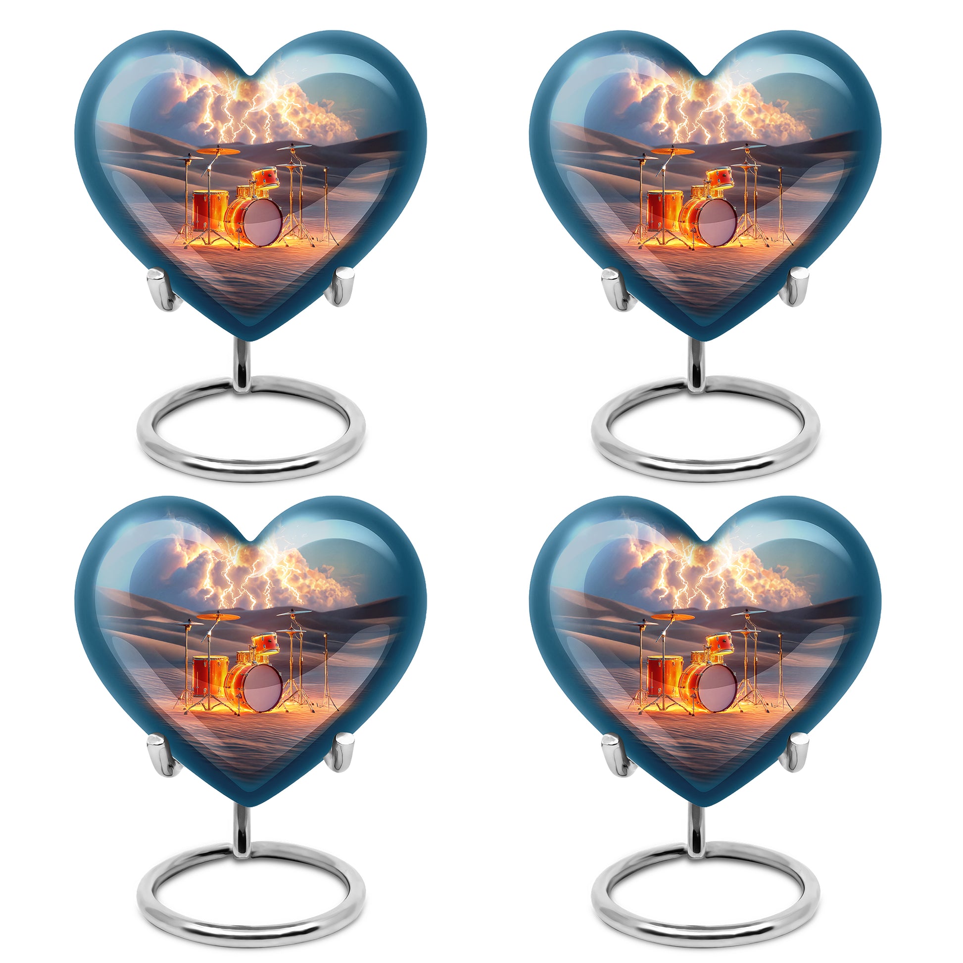 Dove Gray Drums Cremation Urn angled view of lid and engraved motif - heart-shaped drums design symbolizing eternal love - 10 inch aluminum urn for cremated remains