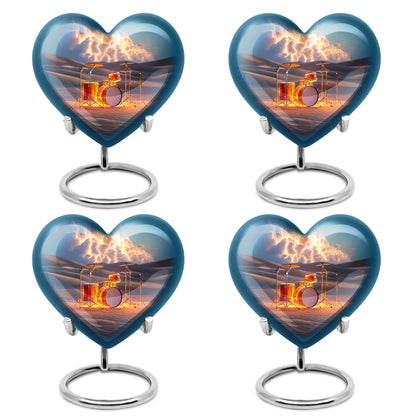 Dove Gray Drums Cremation Urn angled view of lid and engraved motif - heart-shaped drums design symbolizing eternal love - 10 inch aluminum urn for cremated remains