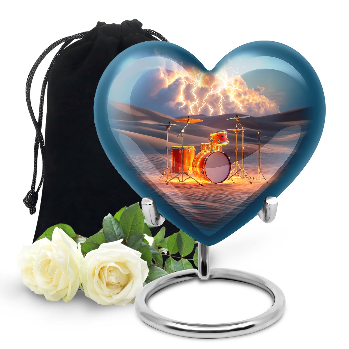 Pewter Gray Drums Cremation Urn detail view - heart-shaped drums design symbolizing eternal love - full-size 10 inch 200 cubic inch adult cremation urn