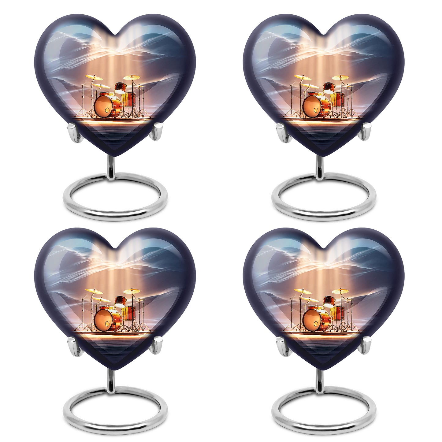Misty Blue Drums Cremation Urn angled view of lid and engraved motif - heart-shaped drums design symbolizing eternal love - 10 inch aluminum urn for cremated remains