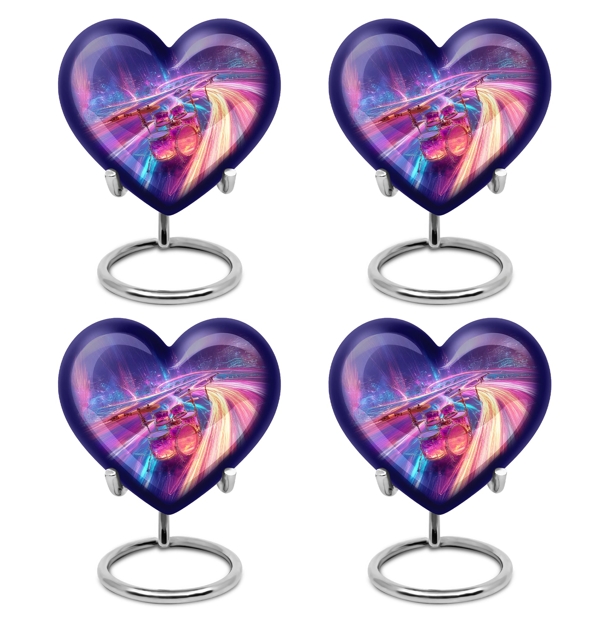 Vivid Blue Drums Cremation Urn angled view of lid and engraved motif - compassionate heart-drums combination with gentle curves - 10 inch aluminum urn for cremated remains