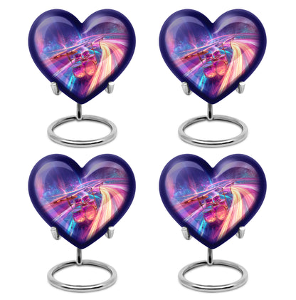 Vivid Blue Drums Cremation Urn angled view of lid and engraved motif - compassionate heart-drums combination with gentle curves - 10 inch aluminum urn for cremated remains