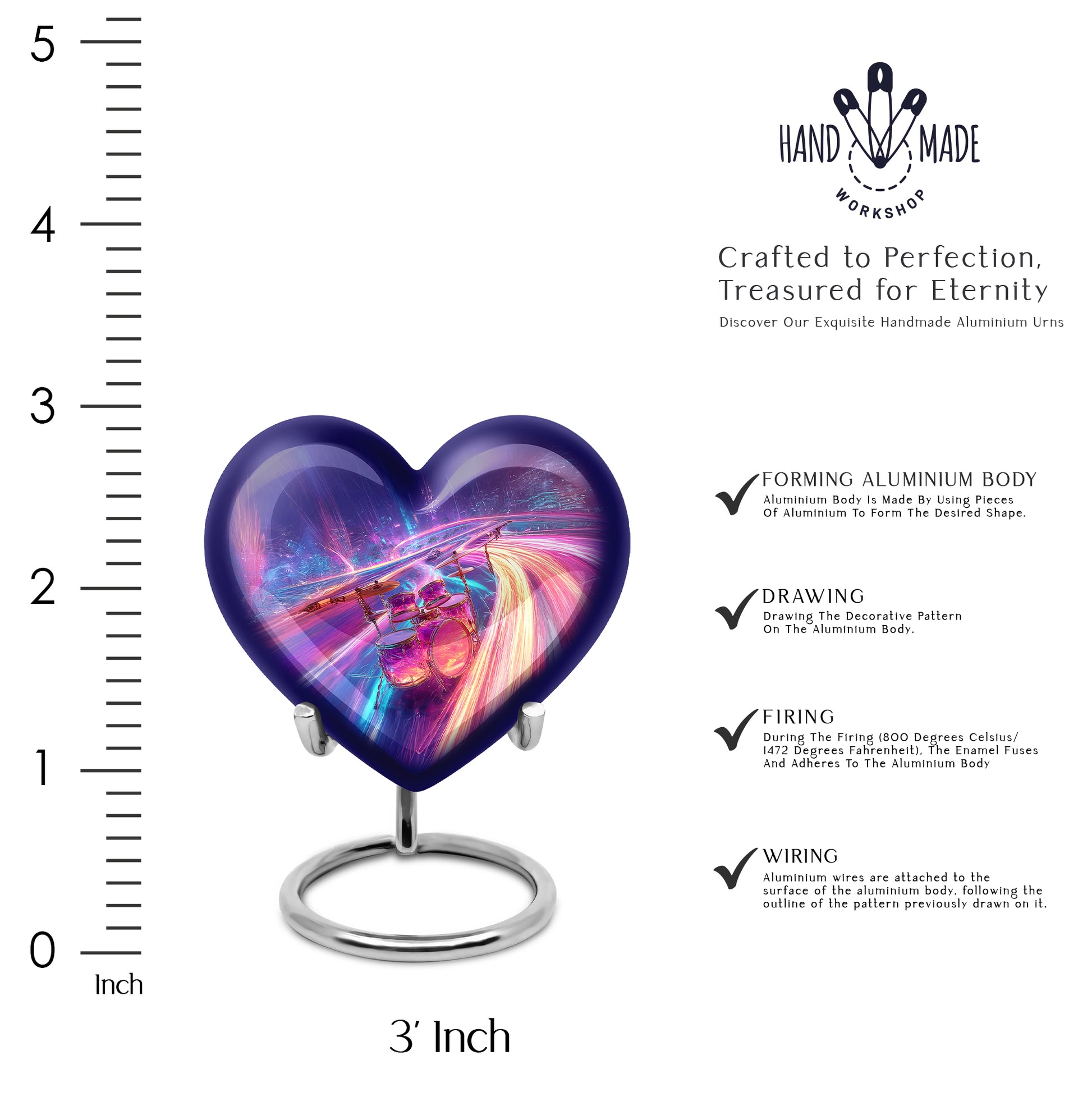 Icy Blue Drums Cremation Urn front view showing detailed design - loving heart memorial featuring drums pattern - mini keepsake memorial for portion of cremation ashes