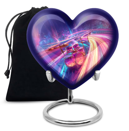 Cornflower Blue Drums Cremation Urn detail view - compassionate heart-drums combination with gentle curves - full-size 10 inch 200 cubic inch adult cremation urn