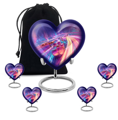 Slate Blue Drums Cremation Urn close-up of engraving and surface detail - heart-shaped drums design symbolizing eternal love - memorial set with one large and four small urns