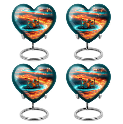 Charcoal Gray Drums Cremation Urn angled view of lid and engraved motif - loving heart memorial featuring drums pattern - 10 inch aluminum urn for cremated remains
