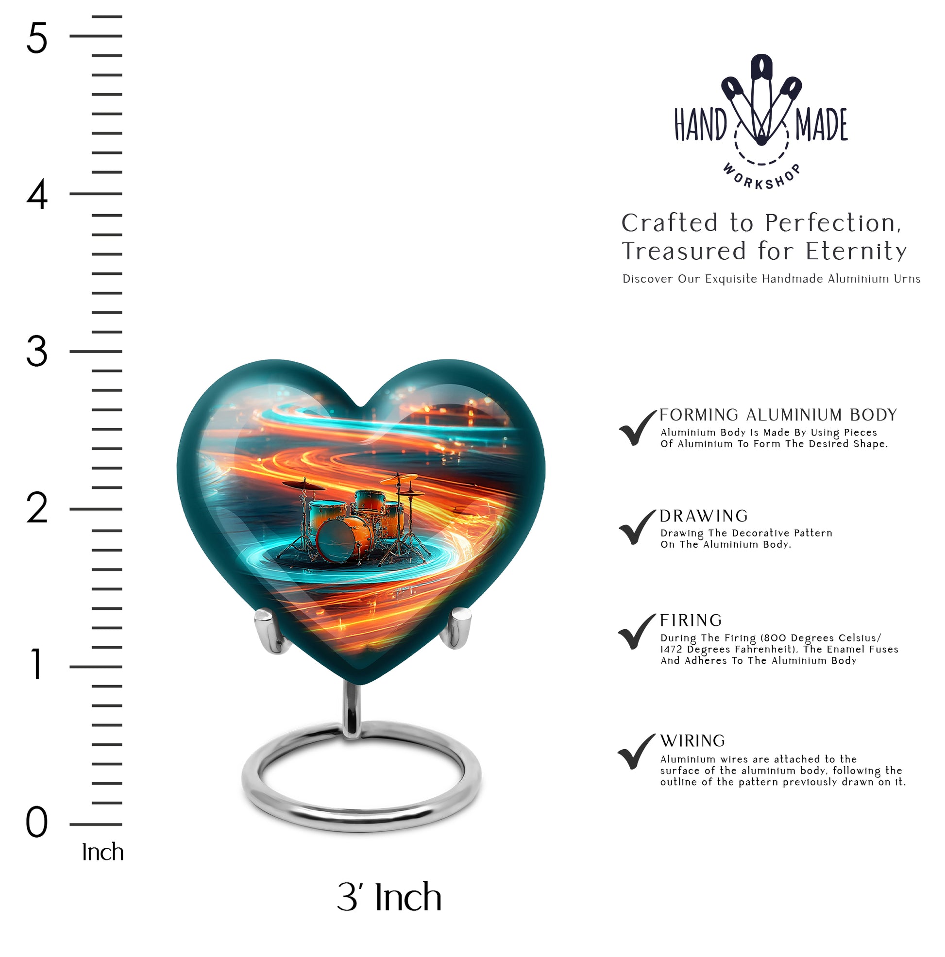 Dove Gray Drums Cremation Urn front view showing detailed design - loving heart memorial featuring drums pattern - mini keepsake memorial for portion of cremation ashes