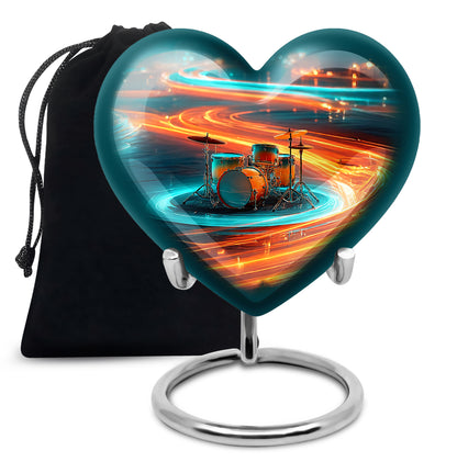 Mist Gray Drums Cremation Urn detail view - loving heart memorial featuring drums pattern - full-size 10 inch 200 cubic inch adult cremation urn