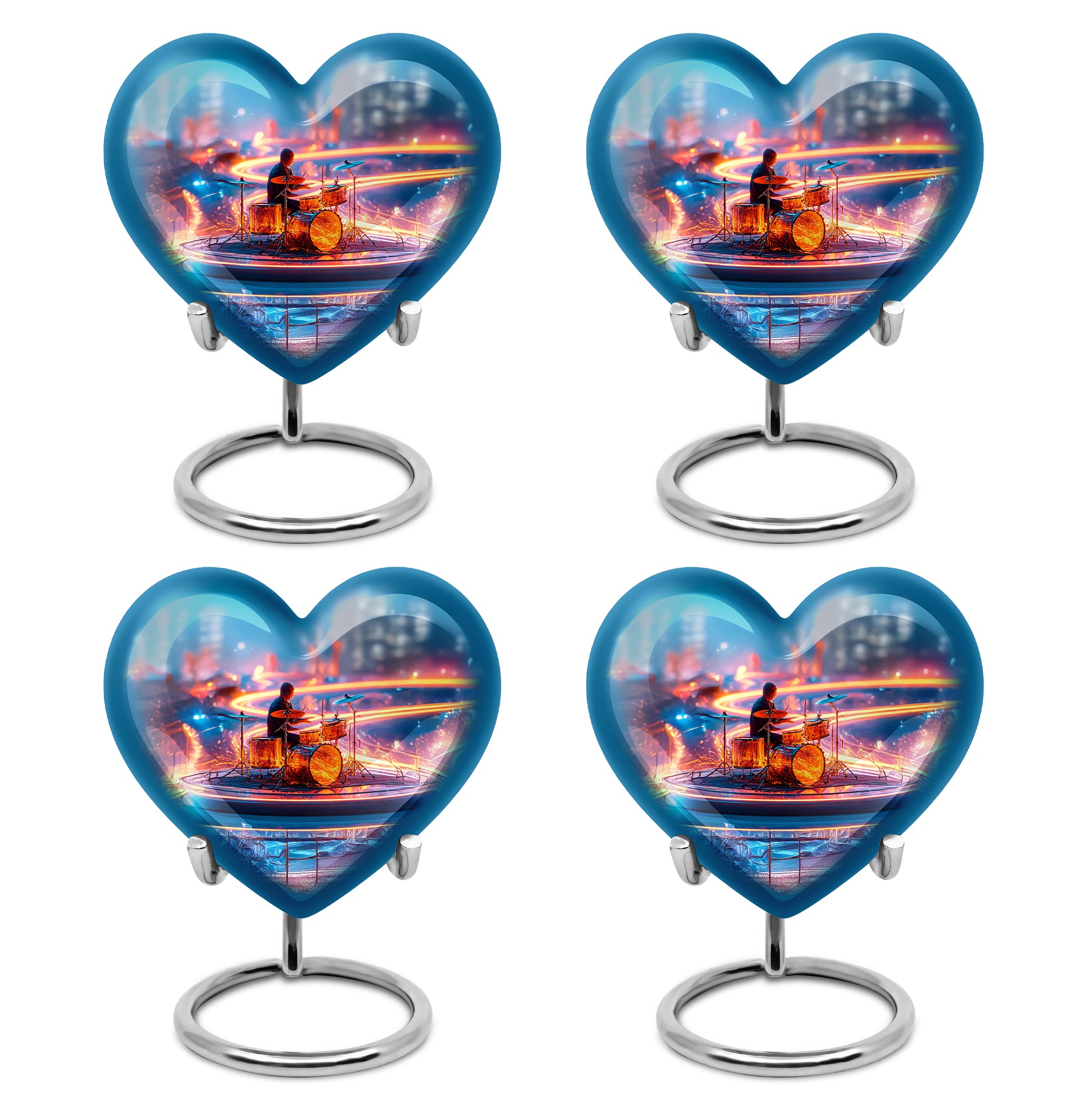 Bright Blue Drums Cremation Urn angled view of lid and engraved motif - romantic heart urn with drums motif on aluminum - 10 inch aluminum urn for cremated remains