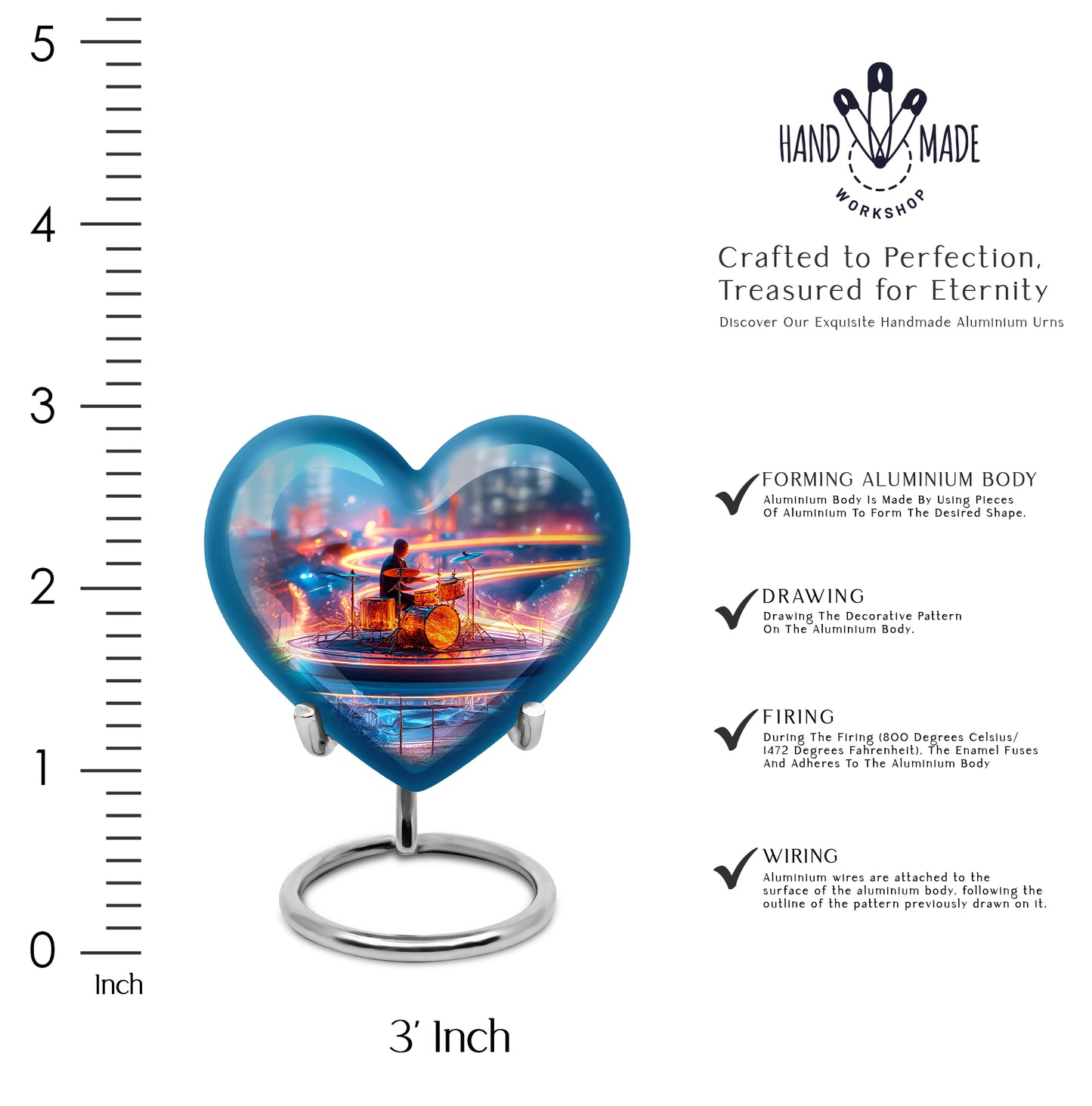 Cobalt Blue Drums Cremation Urn front view showing detailed design - romantic heart urn with drums motif on aluminum - mini keepsake memorial for portion of cremation ashes