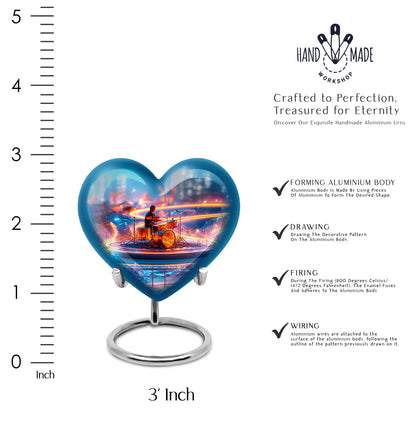 Cobalt Blue Drums Cremation Urn front view showing detailed design - romantic heart urn with drums motif on aluminum - mini keepsake memorial for portion of cremation ashes
