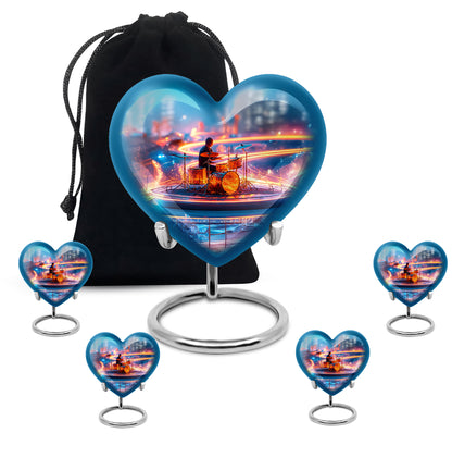 Navy Blue Drums Cremation Urn close-up of engraving and surface detail - heart-shaped drums design symbolizing eternal love - memorial set with one large and four small urns