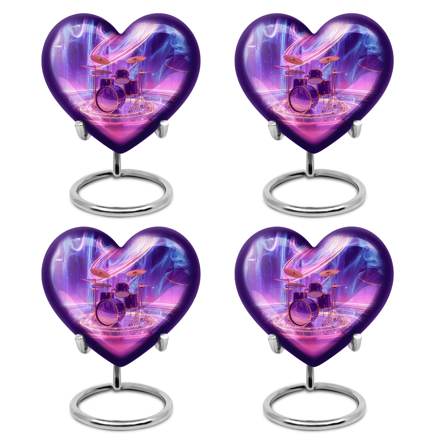 Grape Purple Drums Cremation Urn angled view of lid and engraved motif - romantic heart urn with drums motif on aluminum - 10 inch aluminum urn for cremated remains