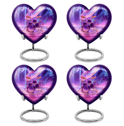 Grape Purple Drums Cremation Urn angled view of lid and engraved motif - romantic heart urn with drums motif on aluminum - 10 inch aluminum urn for cremated remains
