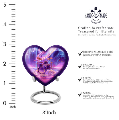 Orchid Purple Drums Cremation Urn front view showing detailed design - loving heart memorial featuring drums pattern - mini keepsake memorial for portion of cremation ashes